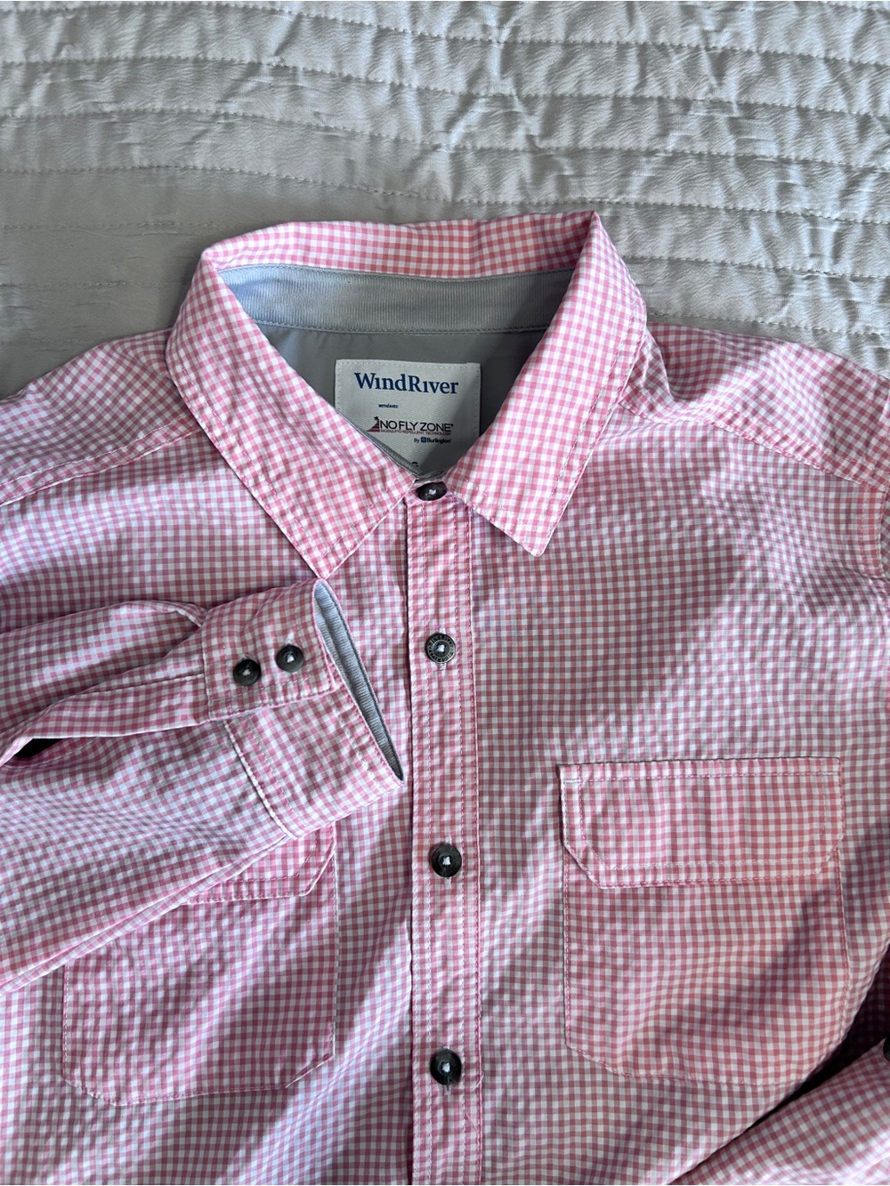 Wind River Women’s Large Pink Gingham Button-Up Shirt Mosquito No Fly Zone LS
